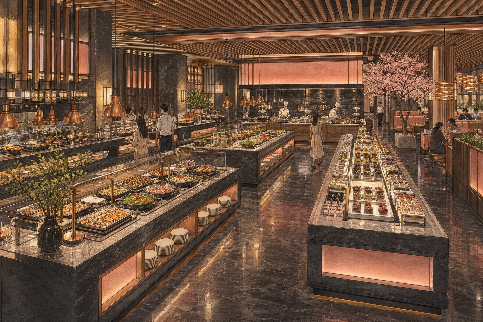 Original architectural illustration of a large world-buffet restaurant interior with multiple food stations and an open live-cooking area