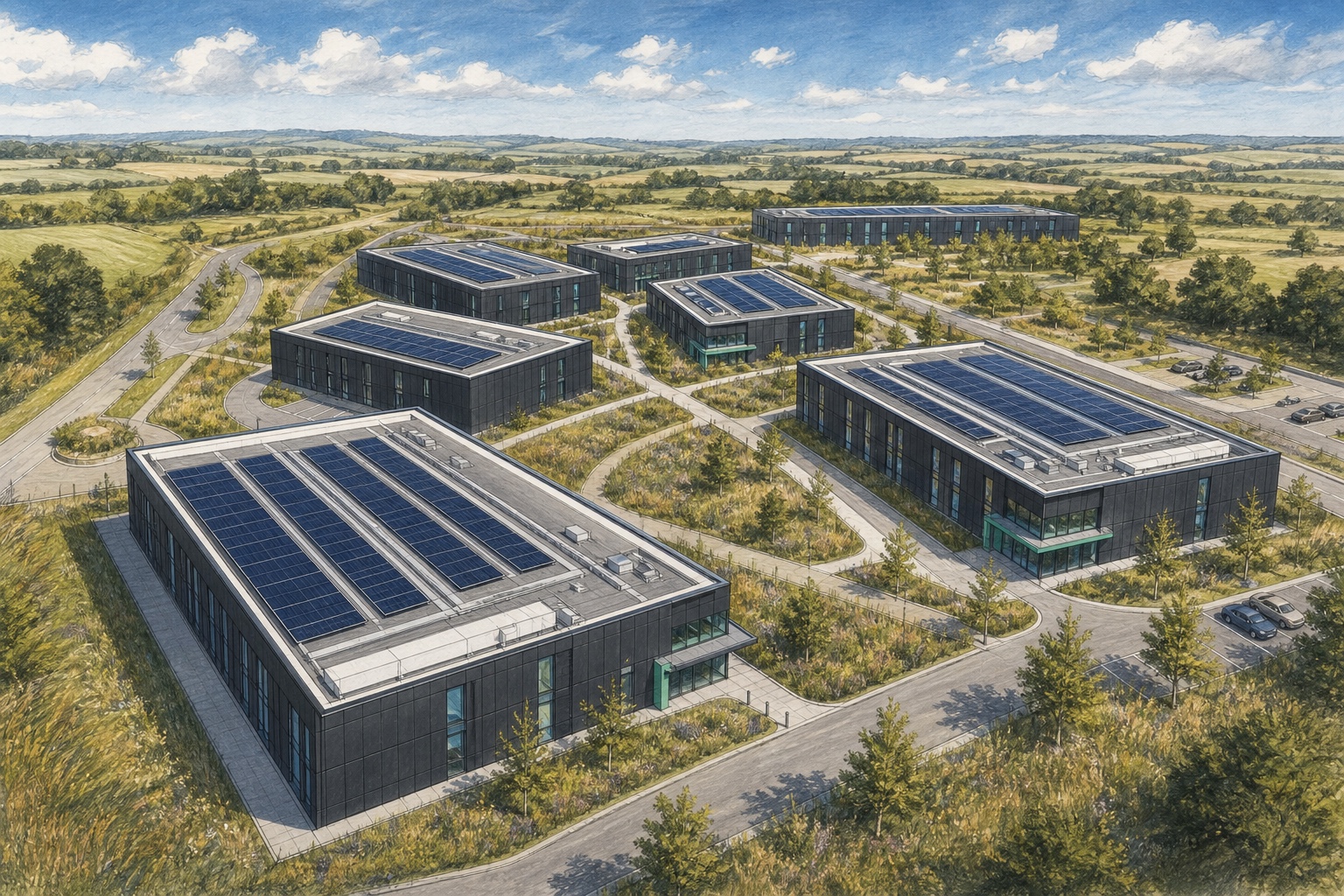 Original architectural illustration of NETPark Phase Three campus buildings and landscaped public realm